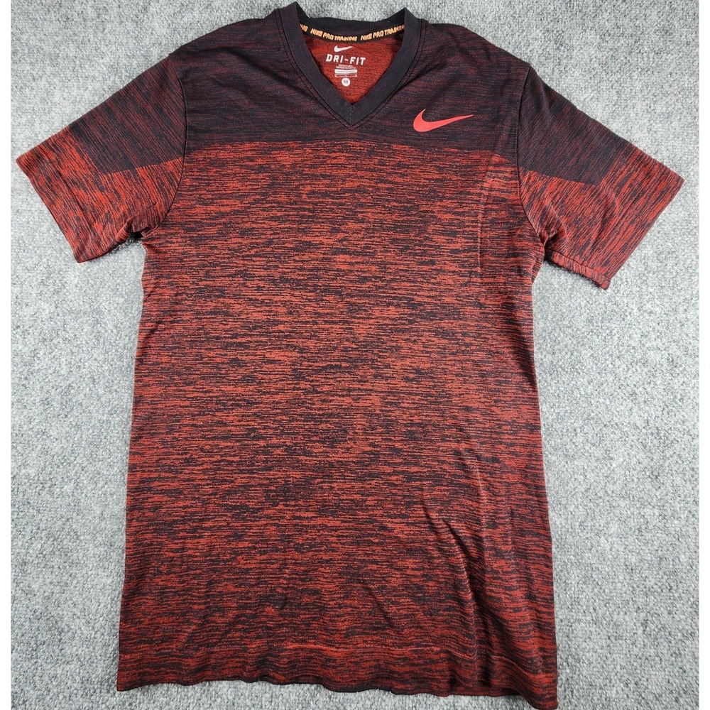 Nike Pro Training Dri-FIT Mens Medium V-Neck Shirt Red Black Space Dye Athletic